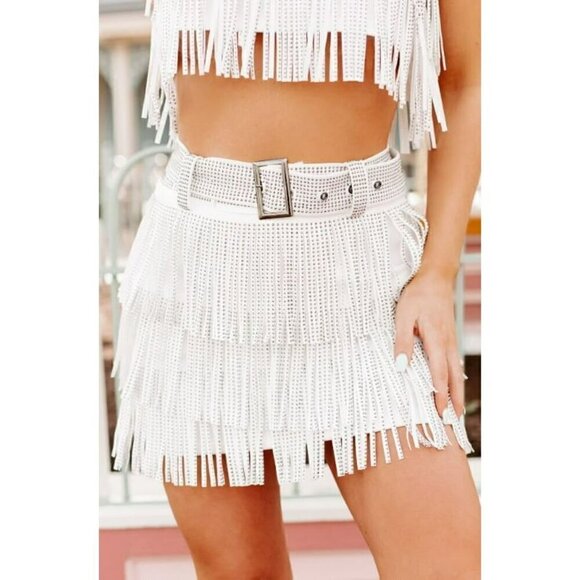 Nylon Apparel Dresses & Skirts - *PLUS ONLY* Spotlight Stealer Rhinestone Fringe Mini Skort Off White
